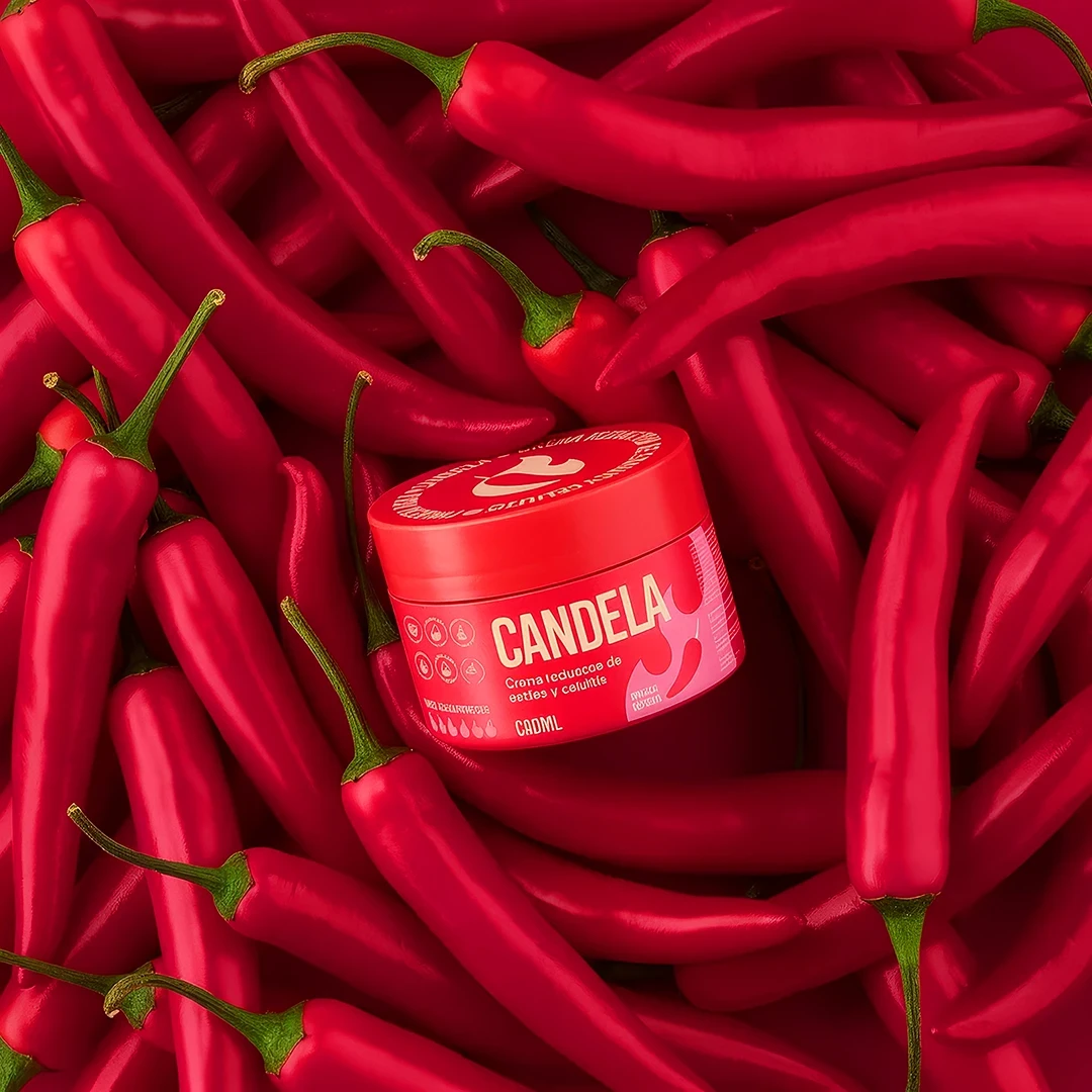 Candela body cosmetic cream jar photographed over fresh red chili peppers.
